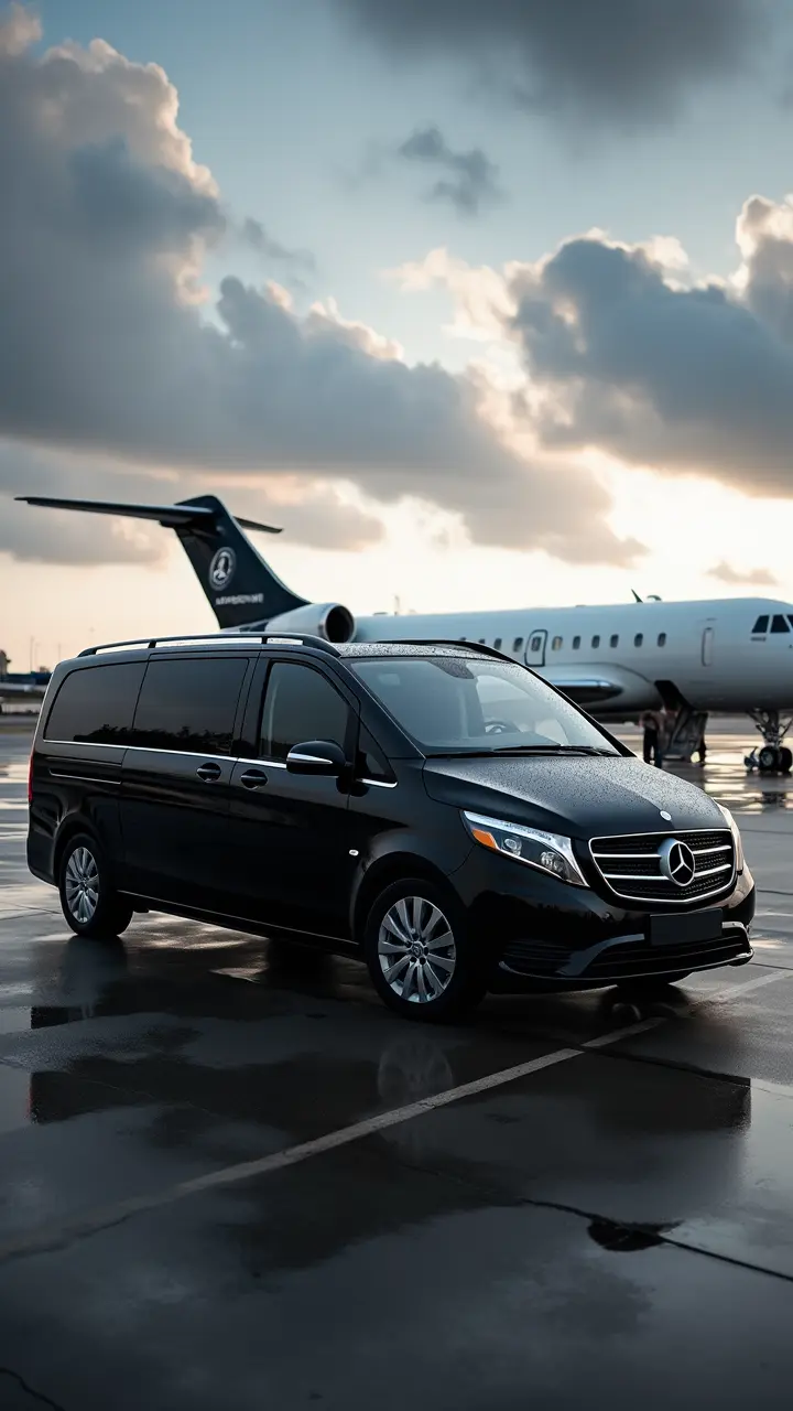 Black Mercedes V-Class parked near a private jet for Nice Airport chauffeur transfer